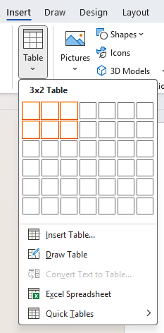 Insert table menu in Word
